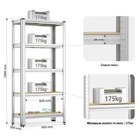 SuperHome 180x90x30cm 175Kg Metalna Montažna Polica