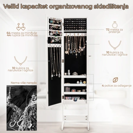Samostojeći ormar saogledalom za nakit 144cm Beli