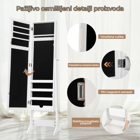 Samostojeći ormar saogledalom za nakit 144cm Beli