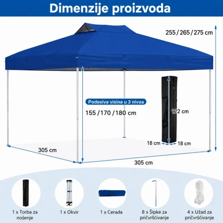 Venturo Garden 3x3m Plavi Paviljon sa mehanizmom